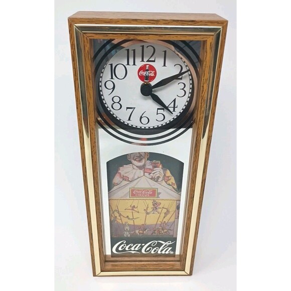 VGT 1994 Coca-Cola Coke Clown Wall Clock Wooden Case Battery Operated Art Deco